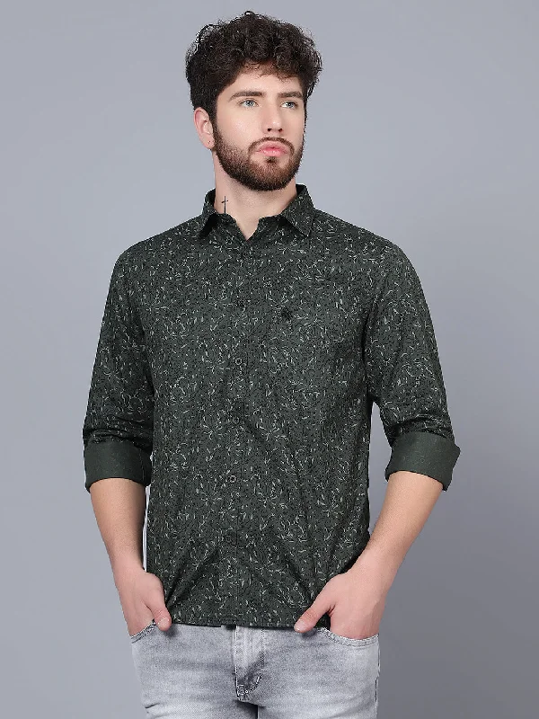 Men's Olive Green Casual Abstract Print Full Sleeve Shirt Gym