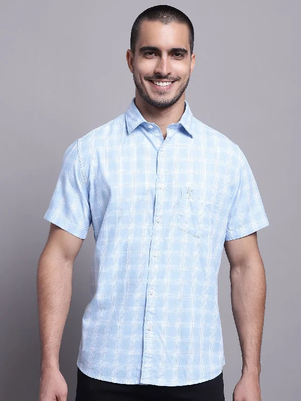 Men's Light Blue Casual Medium Checks Half Sleeve Shirt Unique Men's Upcycled