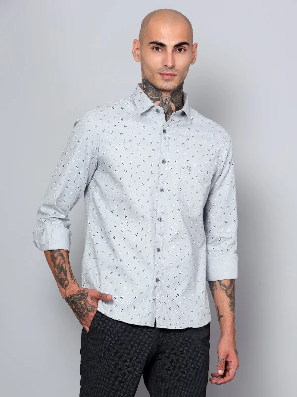 Men's Light Grey Casual Floral Ditsy Print Full Sleeve Shirt Gym