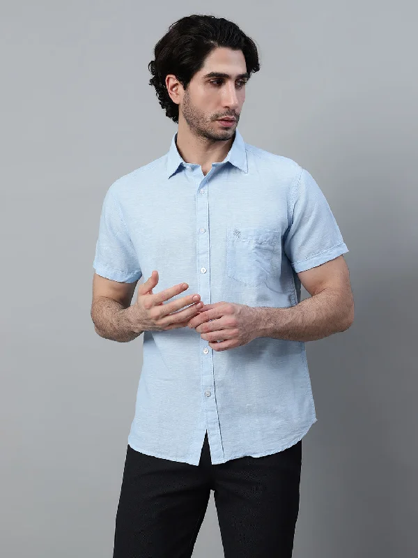 Men's Light Blue Casual Plain Half Sleeve Shirt Elegant Men's Formal 