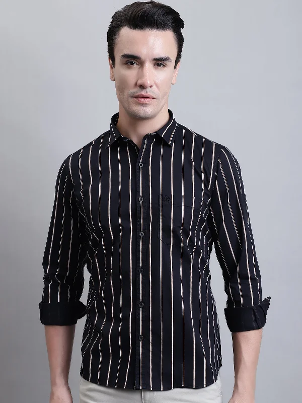 Men's Black Casual Broad Stripe Full Sleeve Shirt Traditional Men's Wool