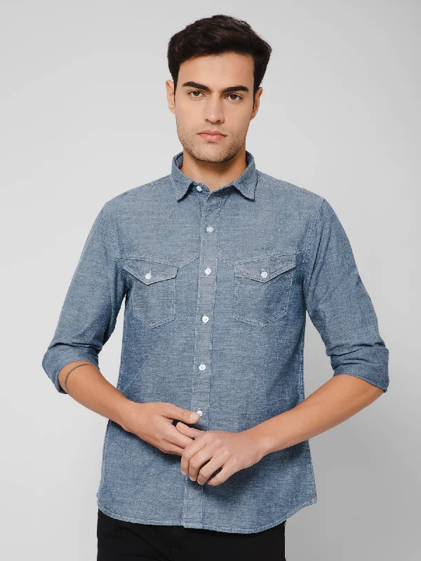 Men's Indigo Blue Casual Denim Full Sleeve Shirt Elegant Men's Formal 