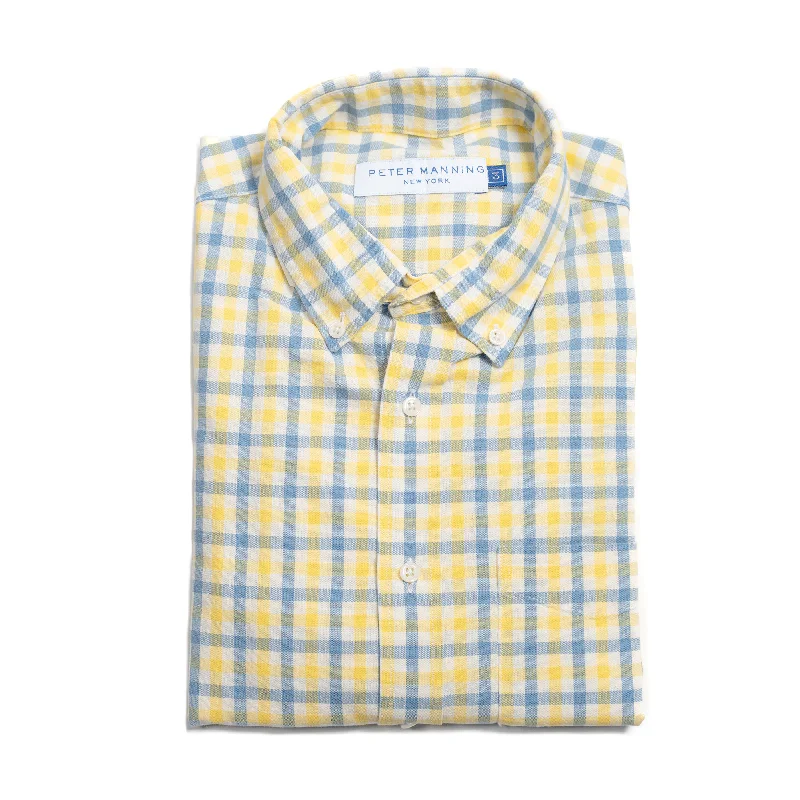 Brooklyn Chambray Shirt - Blue Yellow Check Refined Men's European