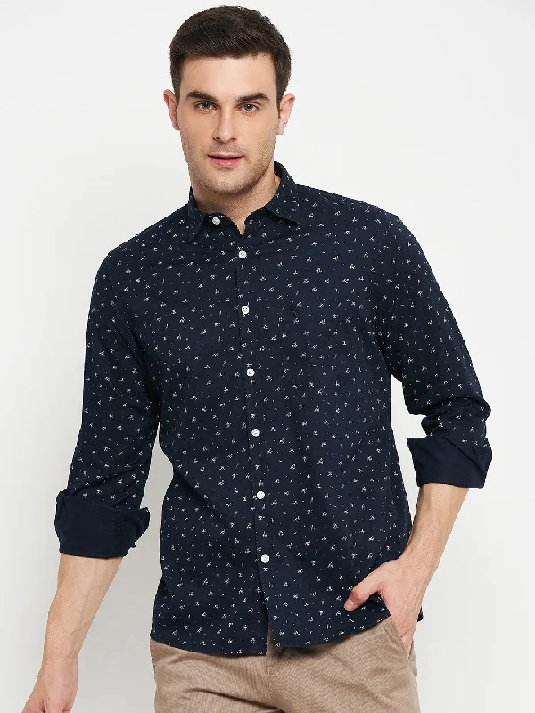 Men's Navy Blue Casual Abstract Ditsy Print Full Sleeve Shirt Polished Men's Satin