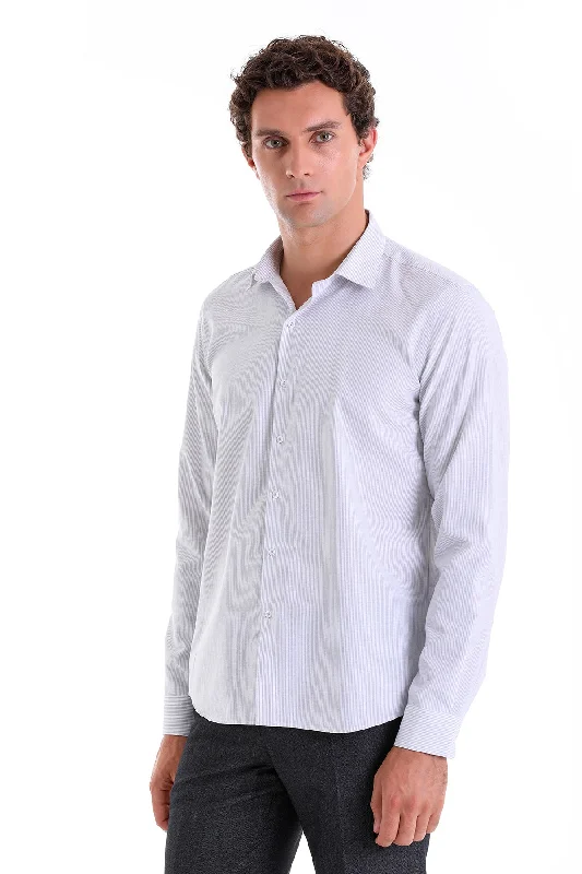 Comfort Fit Striped Cotton Blend Gray Casual Shirt British Gentleman Style