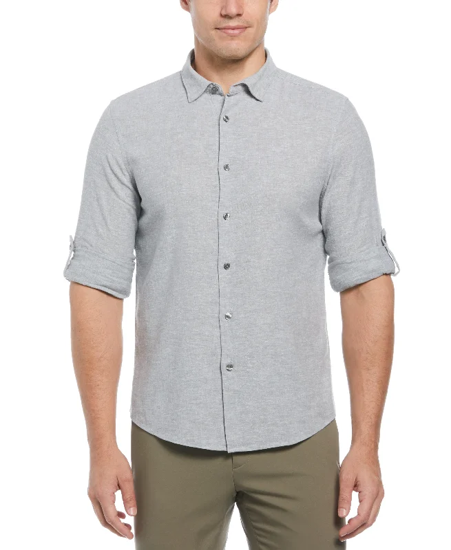 Untucked Slim Fit  Linen Blend Rolled Sleeve Shirt - Gray Cool Men's Distressed