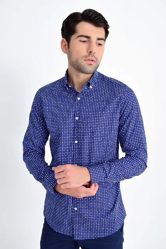 Slim Fit Long Sleeve Cotton Floral Grid Navy Casual Shirt Hip Men's Retro