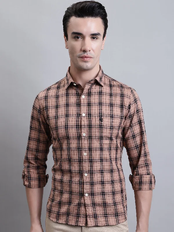 Men's Light Brown Casual Medium Checks Full Sleeve Shirt Casual Men's Short