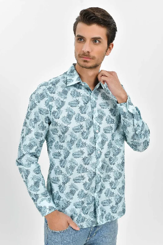 Slim Fit Long Sleeve Printed Cotton Mint Casual Shirt Sporty Men's Tennis