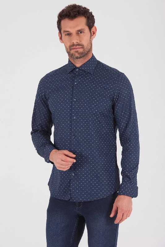 Slim Fit Wave Printed Cotton Blend Navy Casual Shirt Relaxed Men's Beach