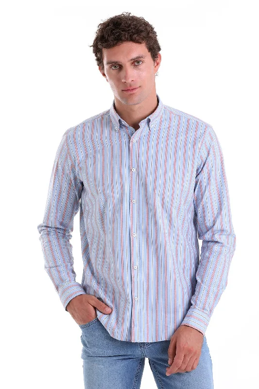 Slim Fit Long Sleeve Striped Cotton Blend Red Casual Shirt Stylish Men's Tropical 