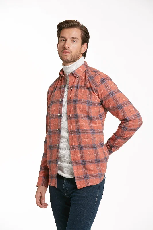 Slim Fit Long Sleeve Plaid Cotton Blend Brick Casual Shirt Refined Men's Hand