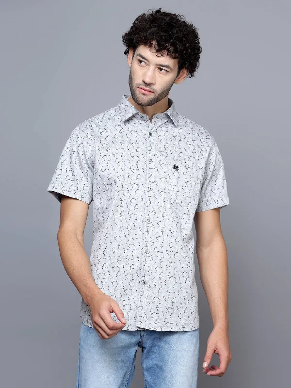 Men's Light Grey Casual Abstract Print Half Sleeve Shirt Traditional Men's Country