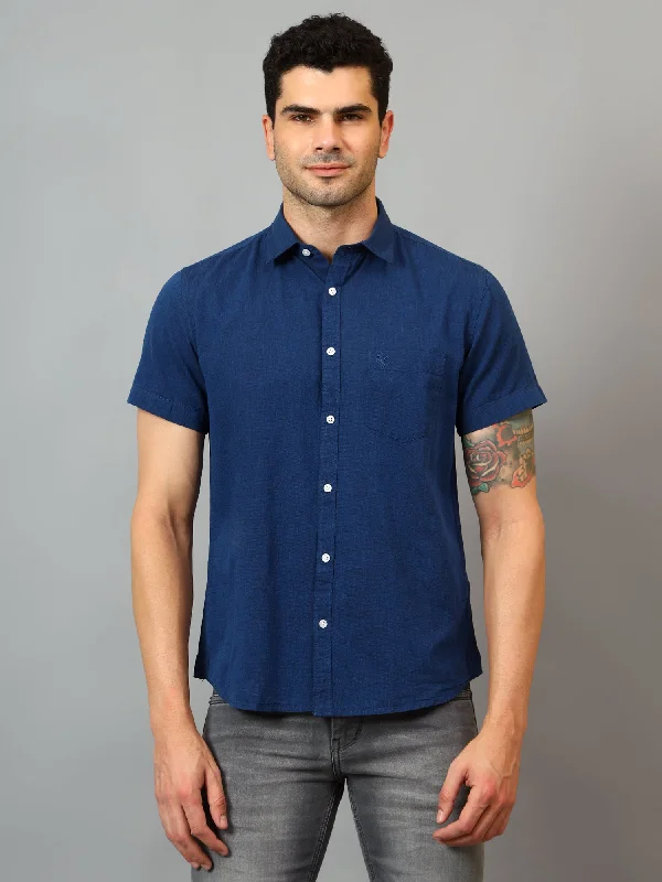 Men's Navy Blue Casual Plain Half sleeve Shirt Laid