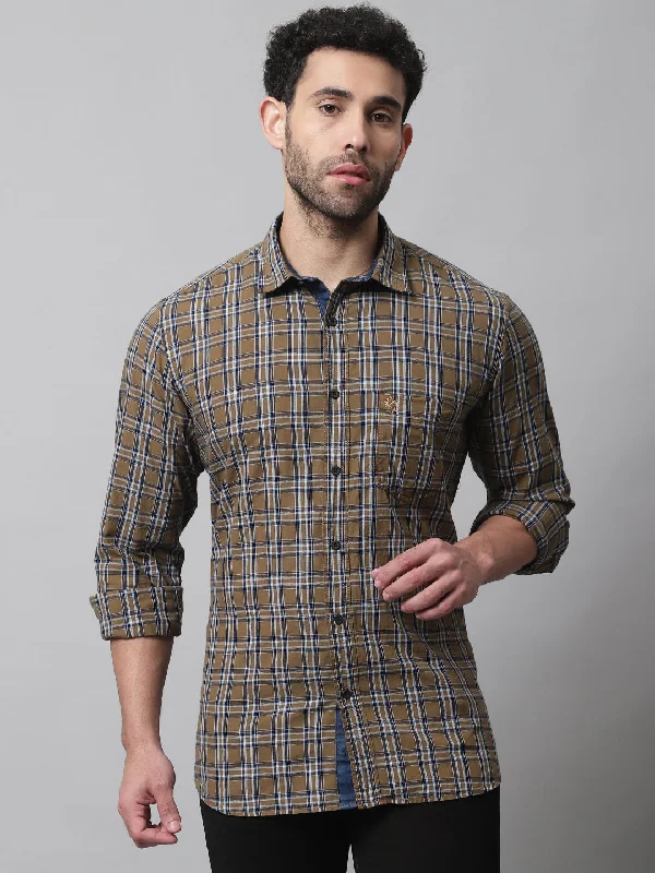 Men's Khaki Casual Medium Checks Full Sleeve Shirt Sleek Men's Contemporary 