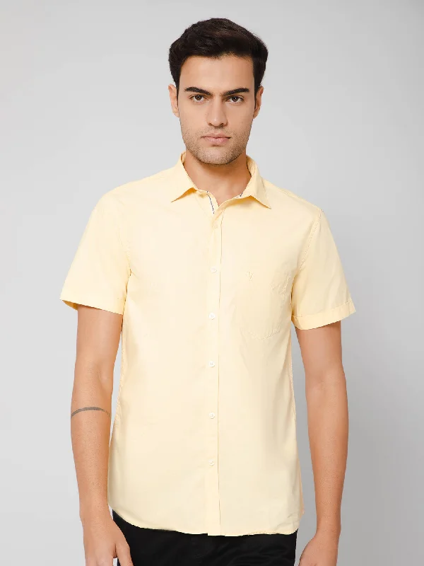 Men's Light Yellow Casual Plain Half Sleeve Shirt Cool Men's Distressed