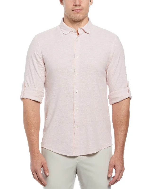 Untucked Slim Fit  Linen Blend Rolled Sleeve Shirt - Pink Lumberjack