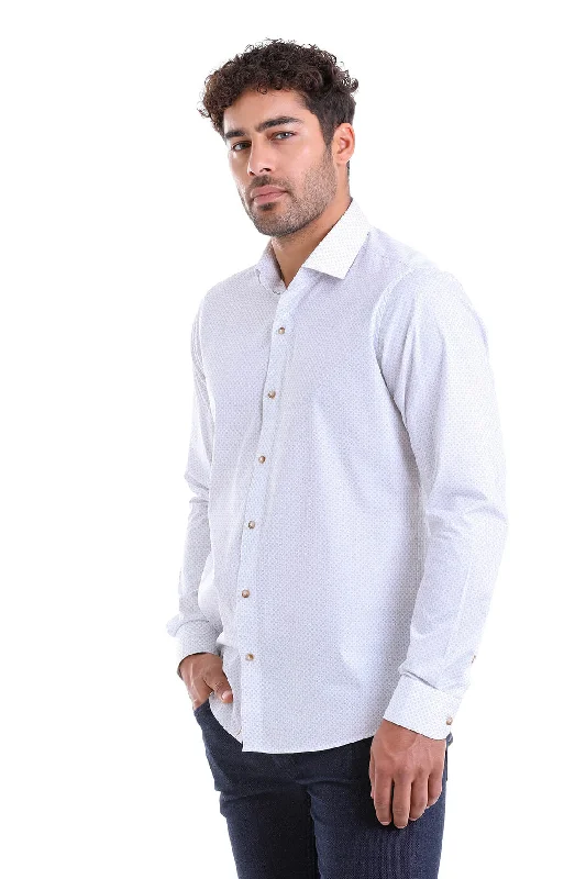 Comfort Fit Long Sleeve Printed Cotton Beige Casual Shirt Modern Men's Geometric