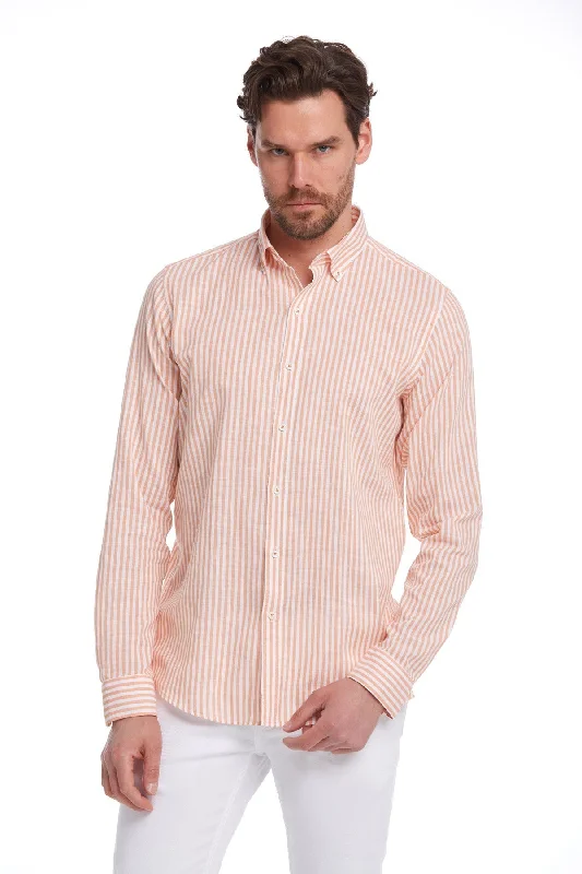 Comfort Fit Long Sleeve Striped Cotton Orange Casual Shirt Rugged Men's Outdoor 