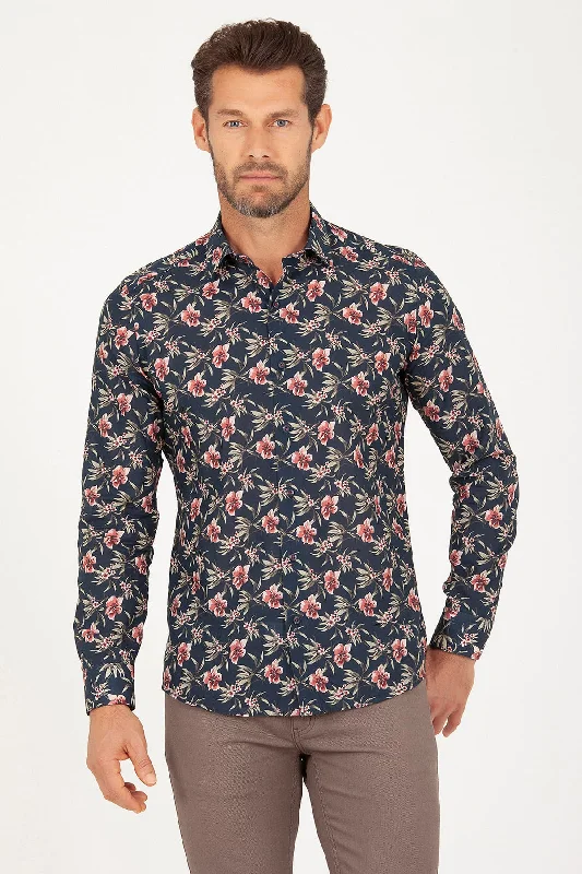 Slim Fit Printed Cotton Floral Navy Casual Shirt Tough Men's Military