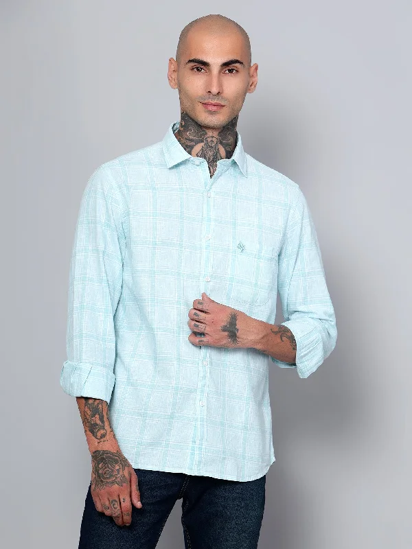 Men's Mint Blue Casual Big Checks Full Sleeve Shirt Stylish Men's Neon