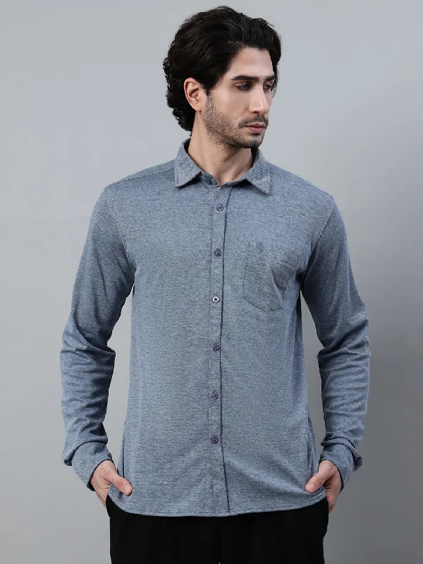 Men's Blue Melange Casual Knit Self Textured Full Sleeve Shirt Refined Men's Velvet