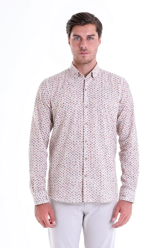 Comfort Fit Floral Printed Cotton Brick Casual Shirt Sophisticated Men's 