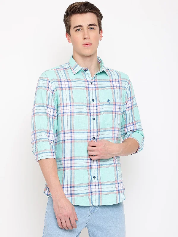 Men's Aqua Green Casual Big Checks Full Sleeve Shirt Practical Men's Multi