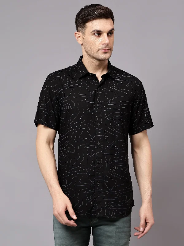 Men's Black Casual Geometric Print Half sleeve Shirt Hip Men's Retro