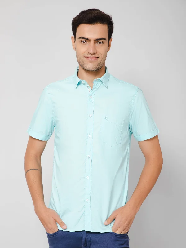 Men's Turquoise Casual Plain Half Sleeve Shirt Confident Men's Power