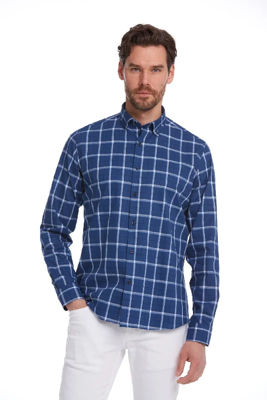 Comfort Fit Long Sleeve Plaid Cotton Navy Casual Shirt Sporty Men's Tennis