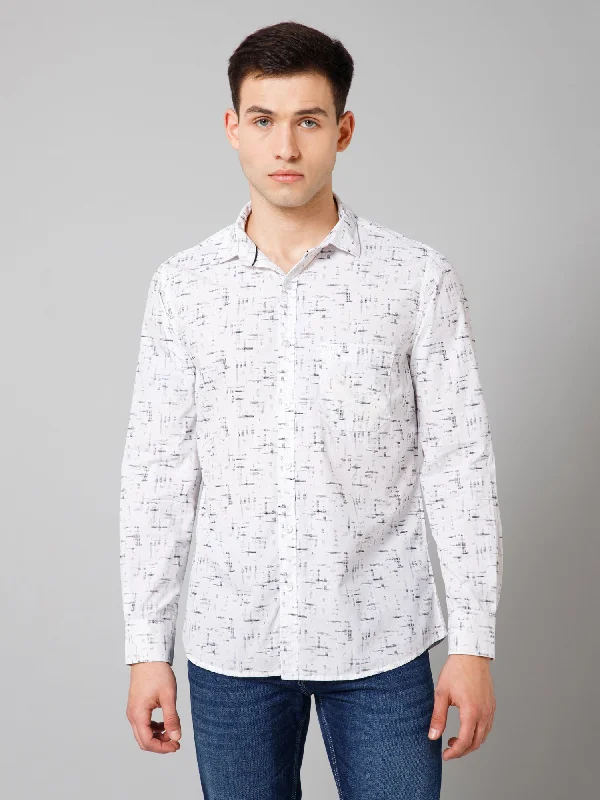 Men's White Casual Abstract Print Full Sleeve Shirt Relaxed Men's Beach