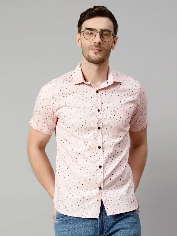 Men's Baby Pink Casual Floral Print Half Sleeve Shirt Elegant Men's Cashmere