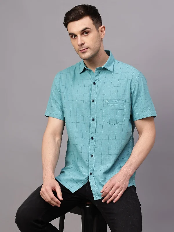 Men's Turquoise Casual Small Checks Half sleeve Shirt Beach