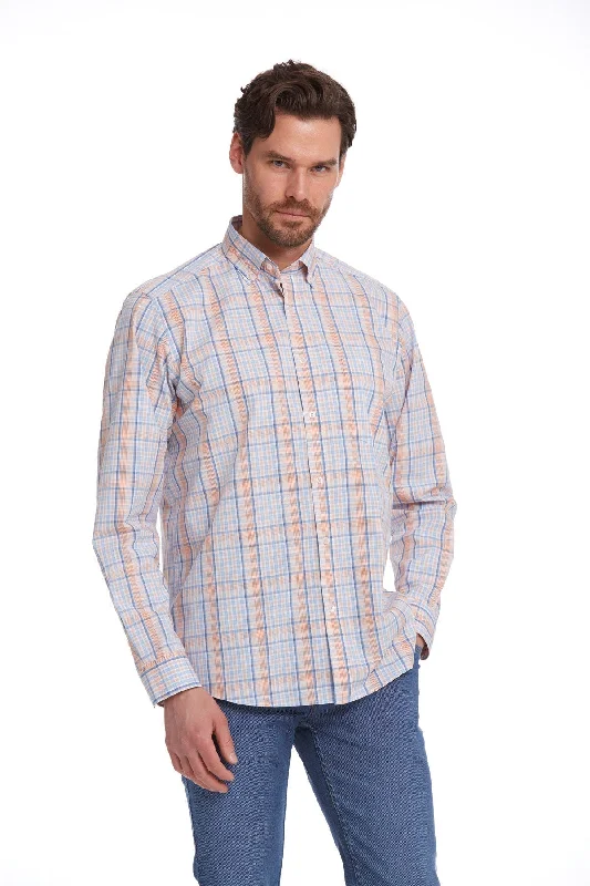 Classic Fit Long Sleeve Cotton Orange Plaid Casual Shirt Street