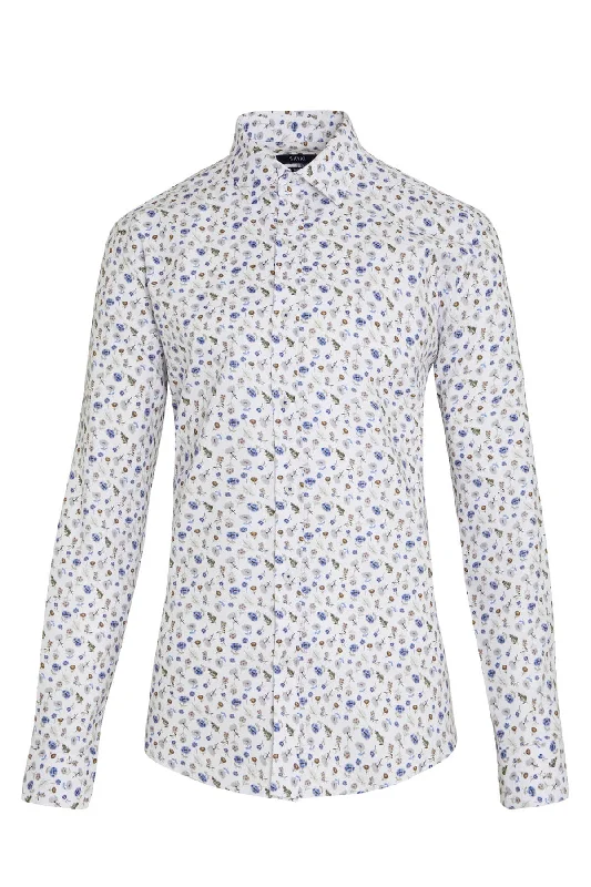 Slim Fit Long Sleeve Printed 100% Cotton White Casual Shirt Laid