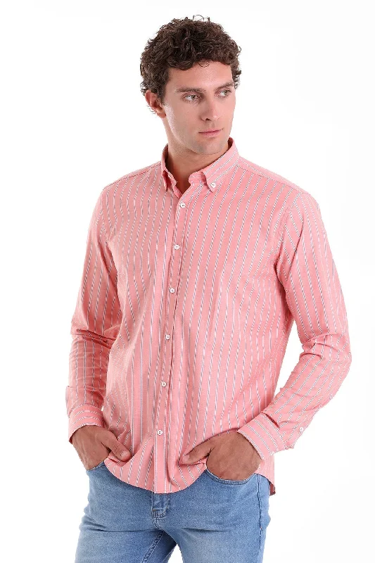 Slim Fit Striped Cotton Blend Orange Casual Shirt Beach