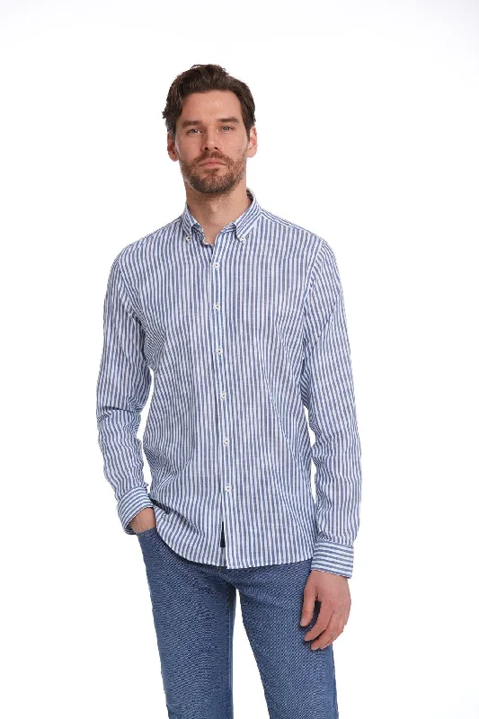 Comfort Fit Long Sleeve Striped Cotton Navy Casual Shirt Unique Men's Patch