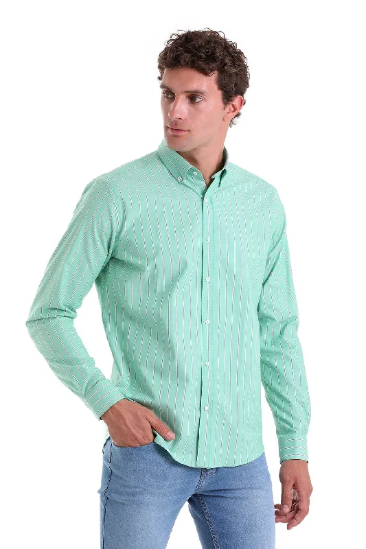 Slim Fit Pin Stripe Cotton Blend Green Casual Shirt Sleek Men's Contemporary 