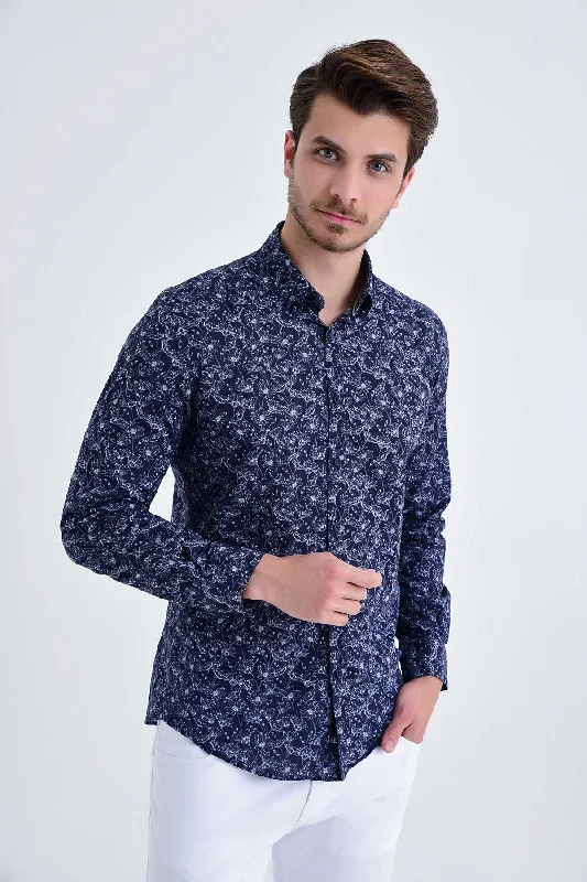 Slim Fit Long Sleeve Floral Printed Cotton Navy Casual Shirt Relaxed Men's Beach