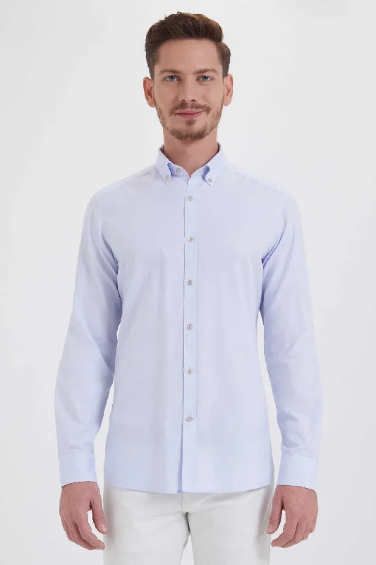 Slim Fit Plain Button-Down Cotton Light Blue Casual Shirt Casual Men's Japanese 