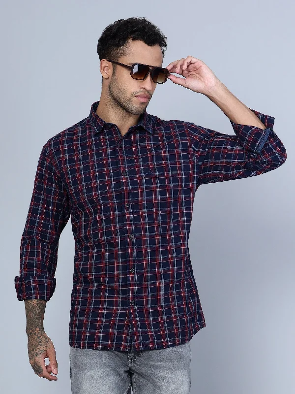 Men's Maroon Casual Medium Checks Full Sleeve Shirt Refined Men's Hand