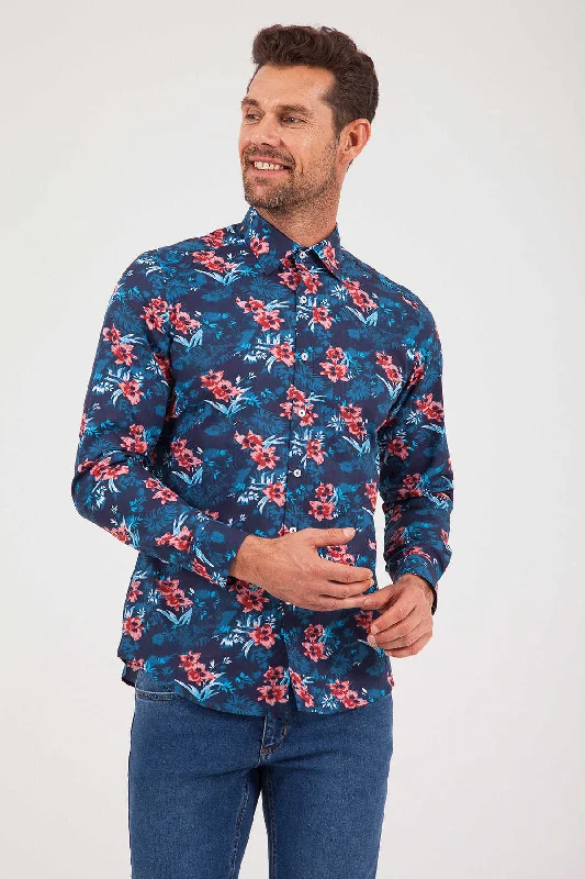 Slim Fit Long Sleeve Printed Cotton Floral Navy Casual Shirt Masculine Men's 