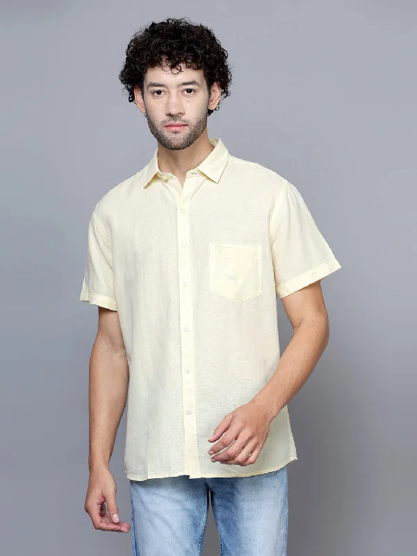 Men's Light Yellow Casual Plain Half Sleeve Shirt Stylish Men's Neon