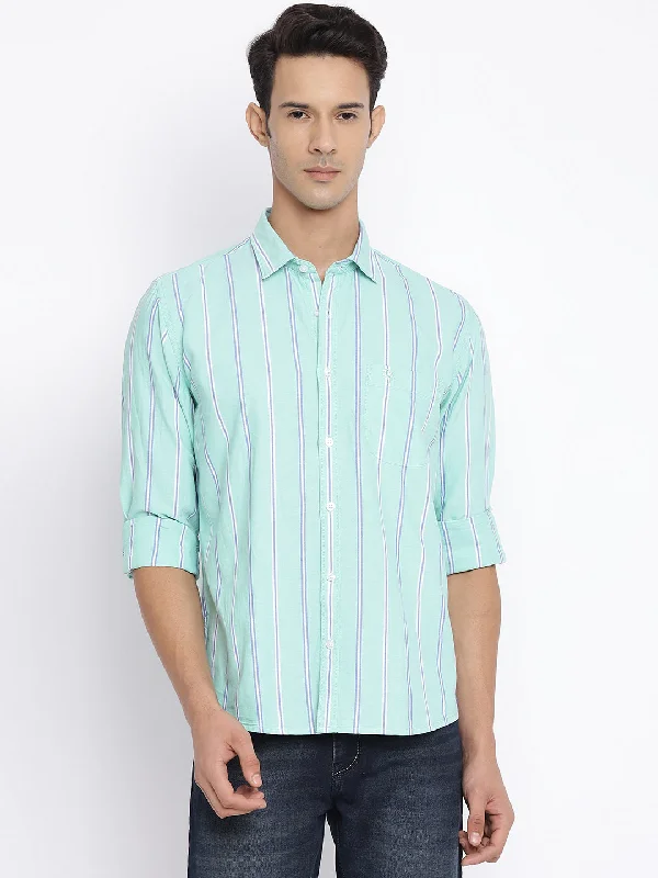 Men's Light Green Casual Broad Stripe Full Sleeve Shirt Cool Men's Skate