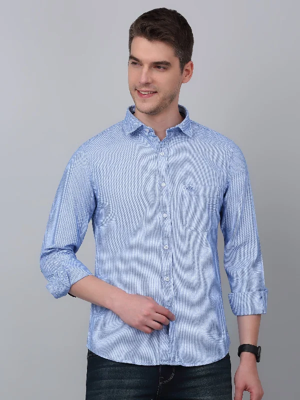 Men's Sky Blue Casual Self Textured Full Sleeve Shirt Practical Men's Quick