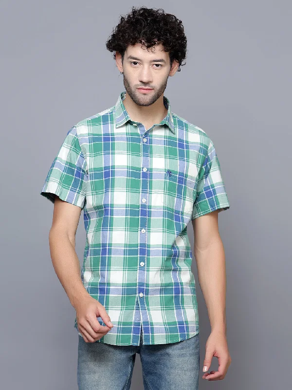 Men's Green Casual Big Checks Half Sleeve Shirt Earthy Men's Sustainable 