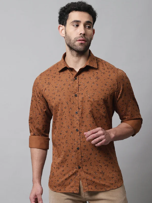 Men's Brown Casual Floral Print Full Sleeve Shirt Traditional Men's Country