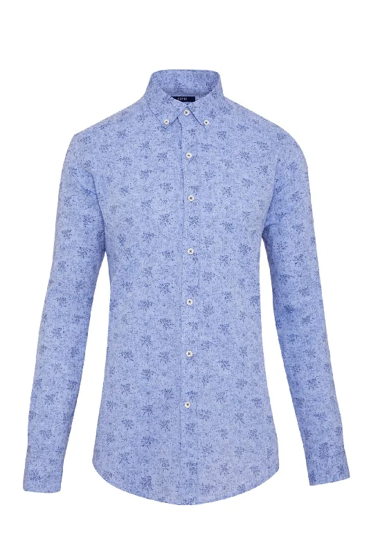 Slim Fit Floral Printed Linen & Cotton Blue Casual Shirt Sophisticated Men's 