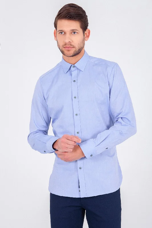 Slim Fit Plain Long Sleeve Cotton Blue Casual Shirt Dynamic Men's Moto